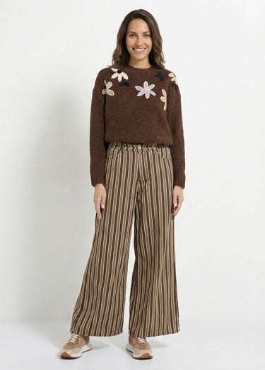 Pantalon très large, denim rayé fantaisie Marron/Beige