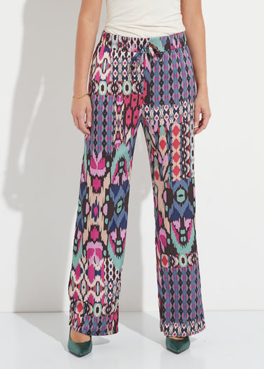 Pantalon large taille élastiquée satin imprimé Multicolore