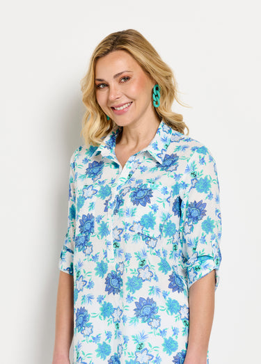 Chemisier boutonné long coton imprimé fleurs Imprime/Bleu