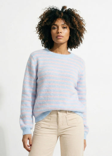 Pull rayé avec laine, dos boutonné Bleu/Rose