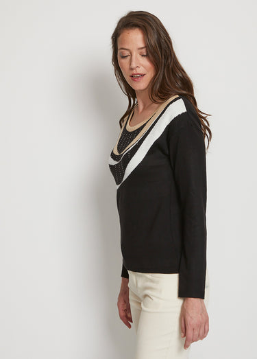 Pull court jacquard strassé col rond Noir/Beige