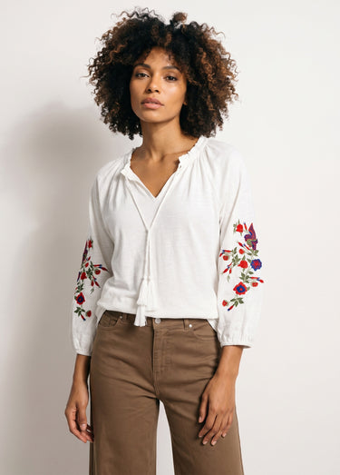 T-shirt long brodé manches 3/4 Blanc