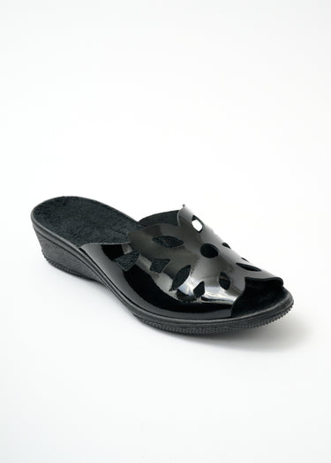 Mules fantaisie en cuir, largeur confort Vernis Noir