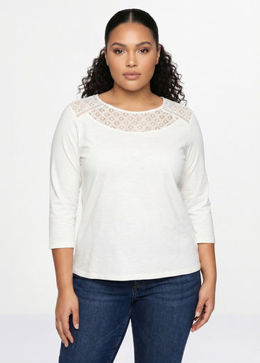 T-shirt coton et dentelle manches 3/4 Blanc