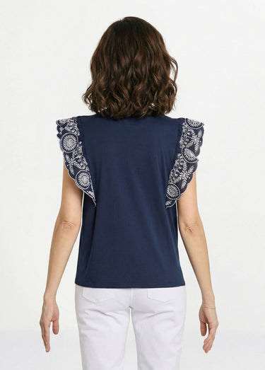T-shirt brodé jersey et voile coton Marine / Blanc