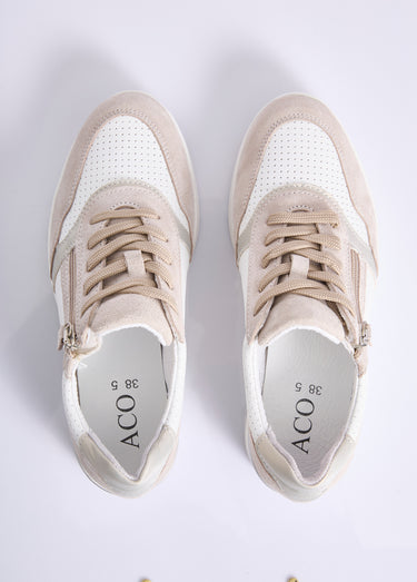 Baskets grande largeur compensées cuir Beige/Blanc