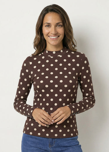 T-shirt cotelé à pois et col montant Chocolat