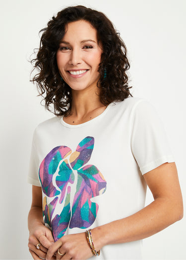 T-shirt col rond avec motif fleuri Fond Ecru