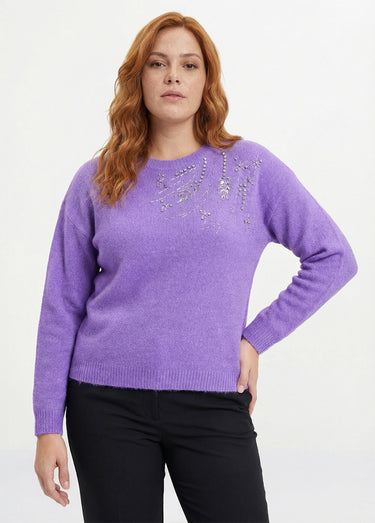 Pull doux col rond avec strass et sequins Violet
