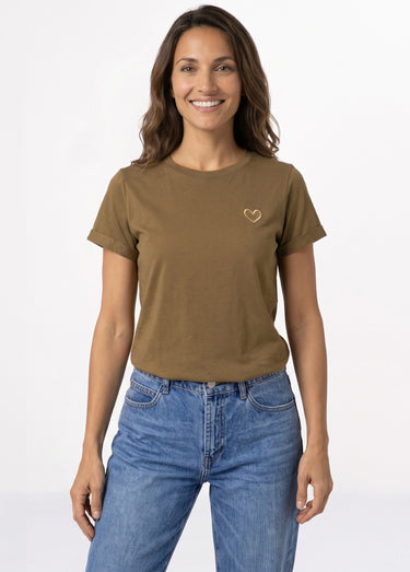 T-shirt manches courtes broderie coeur Kaki