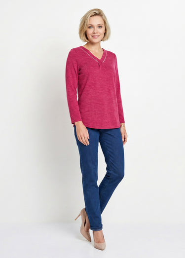 T-shirt long col V évasé manches longues Uni Cassis