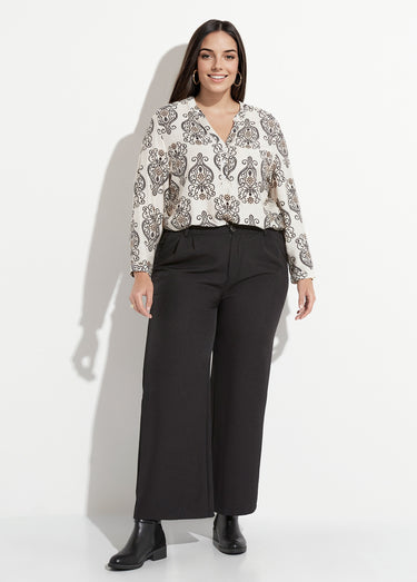 Blouse col V boutonné imprimé broderies Écru / Noir