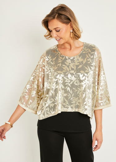 Top effet 2 en 1 maille unie voile jacquard irisé Dore/Noir