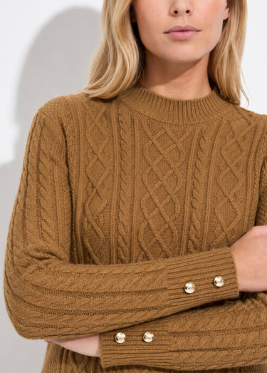 Robe-pull courte tricot uni col rond Camel