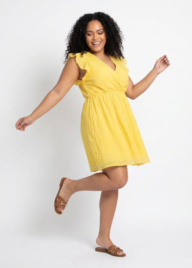 Robe courte volantée col V sans manches Jaune