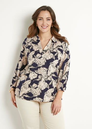 Tunique longue col chemise motif graphique Marine / Blanc