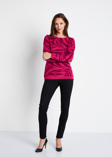 Pull doux jacquard zèbre col rond Fuchsia/Cassis