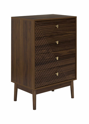 Table de chevet 4 tiroirs, bois rainuré Marron