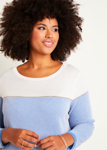 Pull fin col rond manches longues Blanc/Bleu
