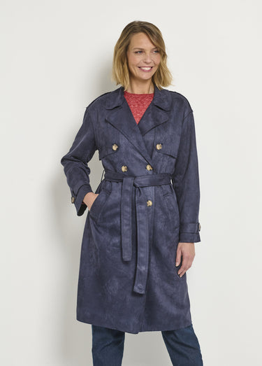Trench long aspect suédine Bleu Marine