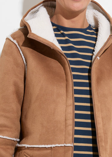 Manteau zippé à capuche effet peau lainée chaud Camel