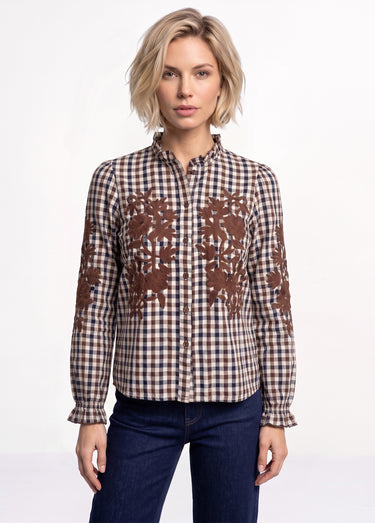 Chemisier à carreaux, broderies fleurs Marron/Ecru