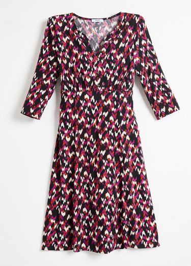 Robe courte évasée manches 3/4 imprimé graphique Noir/Fuchsia