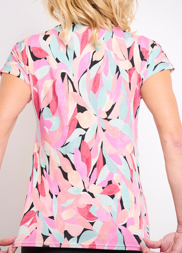 T-shirt court col V avec liens imprimé floral Noir/Saumon