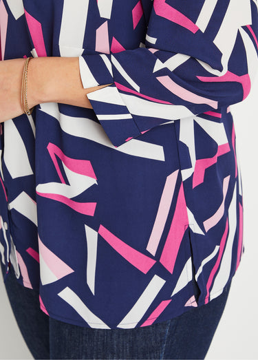 Chemisier droit graphique manches 3/4 Marine/Fuchsia