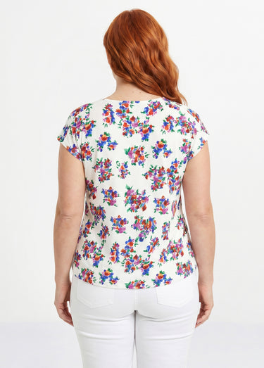 T-shirt blousant col bijou fleuri Fond Blanc