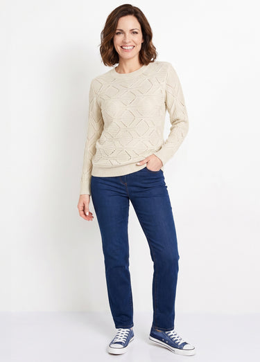 Pull tunique mi long uni col rond maille ajourée Ecru
