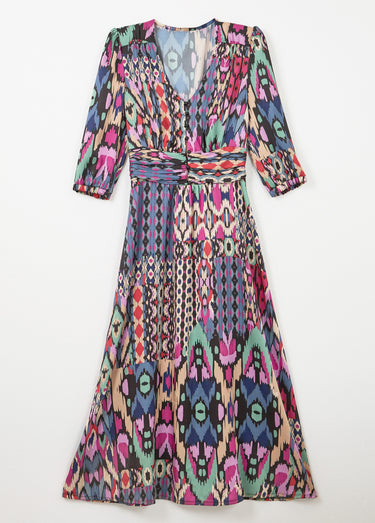 Robe longue satin imprimé ethnique manches 3/4 Multicolore