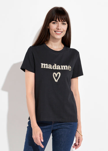 T-shirt col rond broderie métallisée Madame Noir