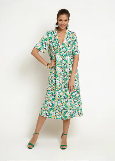 Robe longue imprimée col V manches courtes Vert Imprime