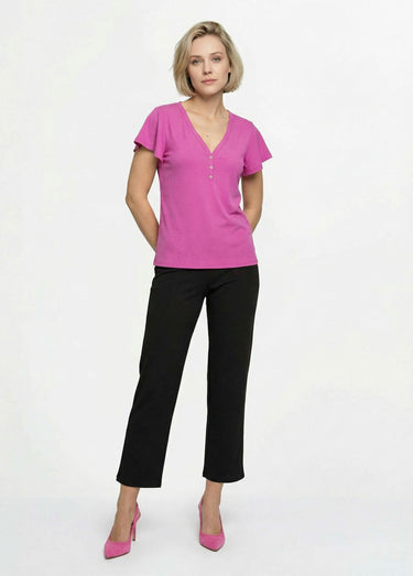 T-shirt col V jersey cotelé, Essentiel Fuchsia