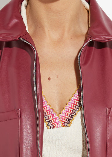 Veste zippée style motard, simili cuir Bordeaux