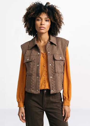 Veste sans manches maille fantaisie Marron
