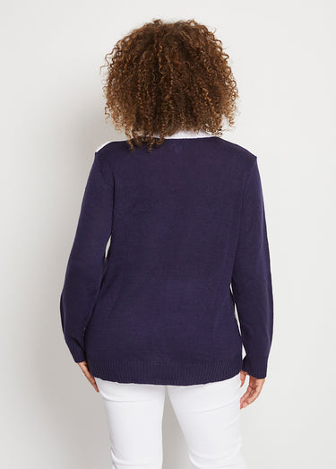 Pull maille poilue manches longues Marine/Rouge