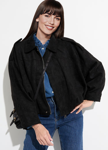 Veste oversize suédine, taille resserrée Noir