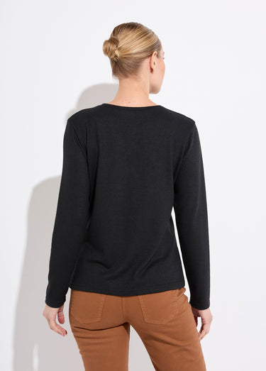 T-shirt col rond uni brodé manches longues Noir