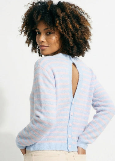 Pull rayé avec laine, dos boutonné Bleu/Rose