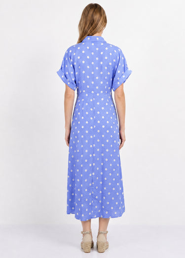 Robe longue à pois, manches courtes Bleu