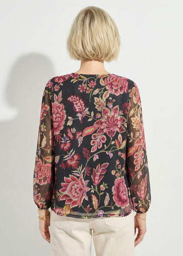 Blouse col V manches longues voile fleuri Noir/Prune