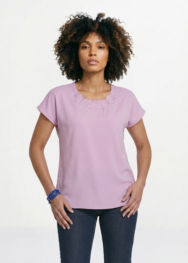 Top long manches courtes broderies col rond Lilas