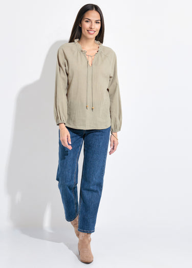 Blouse ample col V fantaisie lien à nouer Kaki