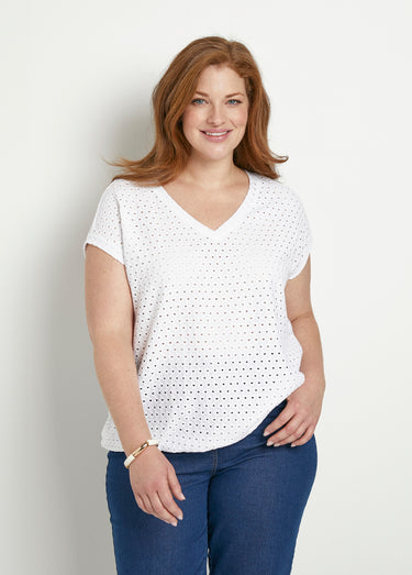 T-shirt ample blousant court uni col V Blanc