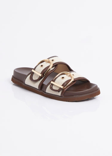 Mules chic tissu natté et boucles métal Marron