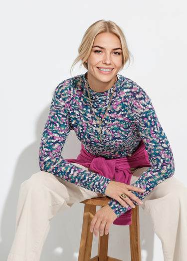Sous-pull imprimé col montant manches longues Marine/Rose
