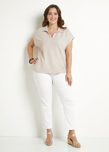 T-shirt col chemise uni manches courtes Sable