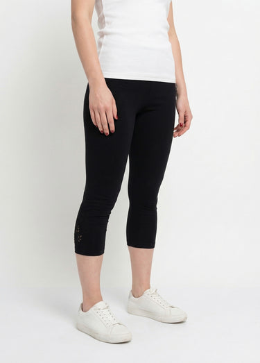 Legging court ceinture élastiqué bas brodés Noir